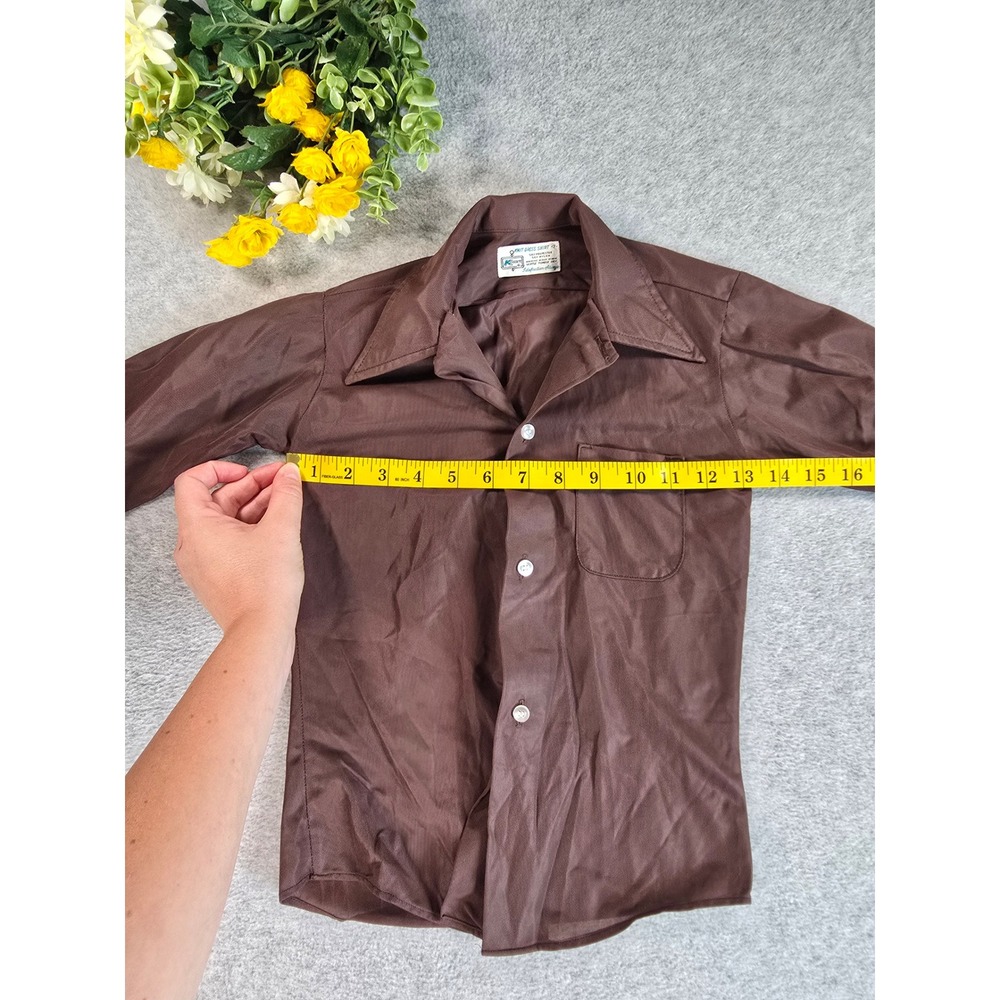 Kmart Knit Dress Shirt Boy 7 Brown Vintage 70s Disco Long Sleeve Pointed Collar - Picture 6 of 8